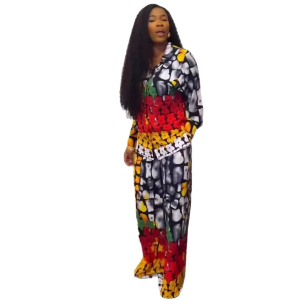 ZARA Plus Size Notch Collar Loose African Print Long Sleeve Two Piece Set Women